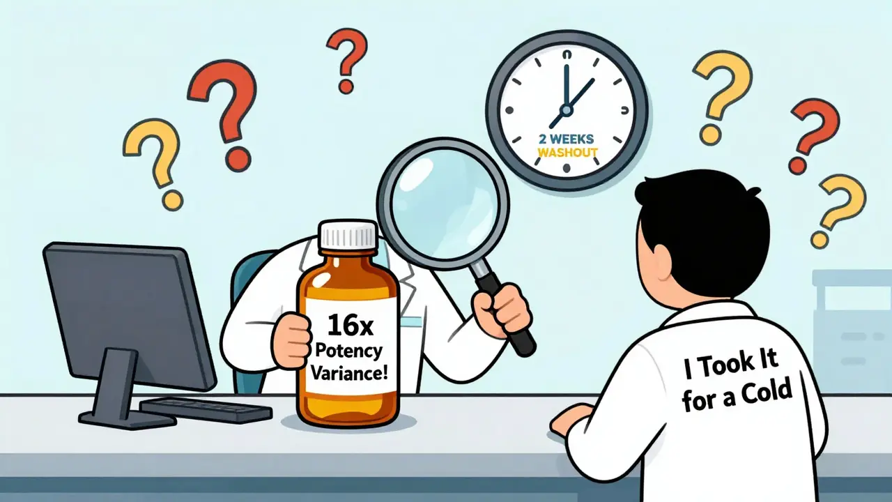 Pharmacist examining goldenseal bottle with warning label, patient unaware of risks.