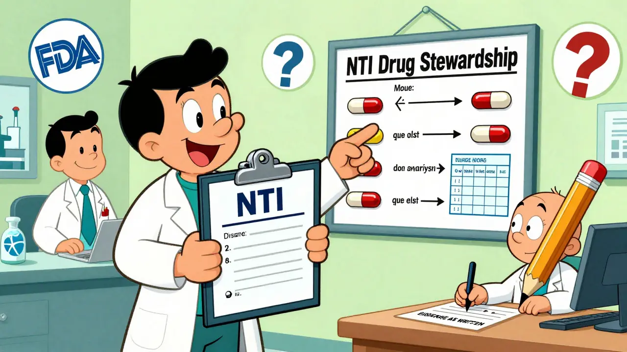Pharmacists monitor NTI drug stability on a chart with manufacturer logos and lab results.