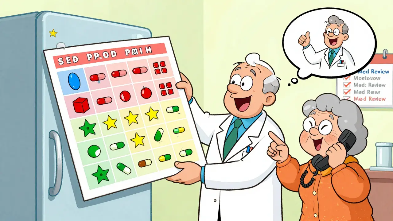 Retired pharmacist and mother using a colorful pill chart and calling the pharmacy.