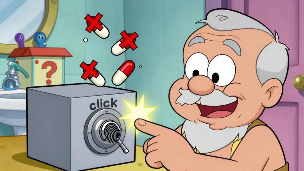 Senior citizen opens fingerprint lockbox as dangerous pills disappear with X marks above them.