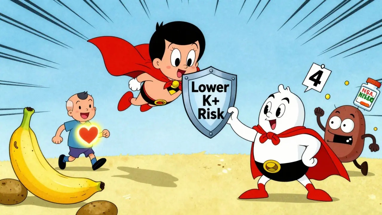 Superhero Finerenone flies in as Spironolactone nods, patient walks safely while unhealthy foods are pushed away, Hanna-Barbera cartoon style.