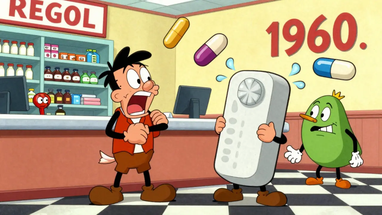 Talking pills arguing at a pharmacy counter, with warfarin and amiodarone in a dramatic hug.