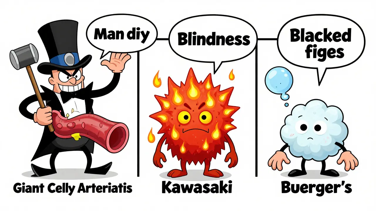 Three vasculitis villains representing giant cell arteritis, Kawasaki, and Buerger's disease