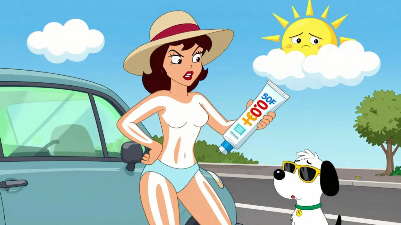 Woman applying thick zinc sunscreen in UPF clothing while sun hides behind clouds.