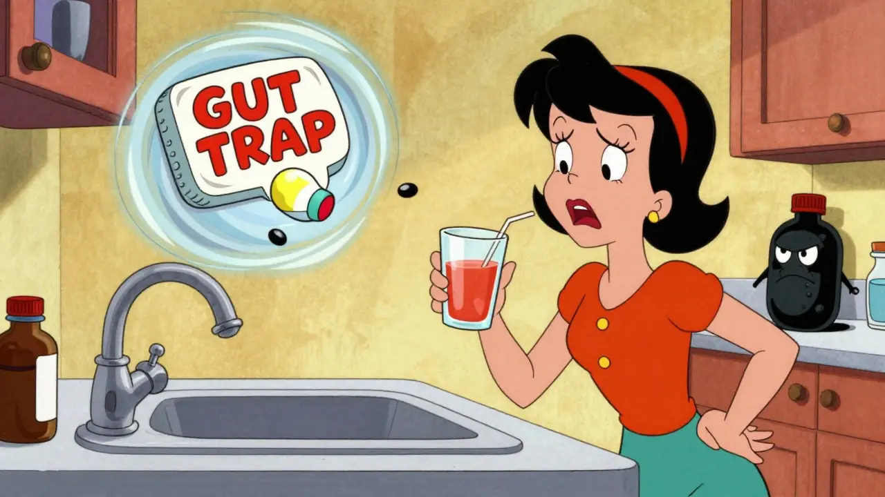 Woman drinking grapefruit juice while activated charcoal pulls her birth control pill away