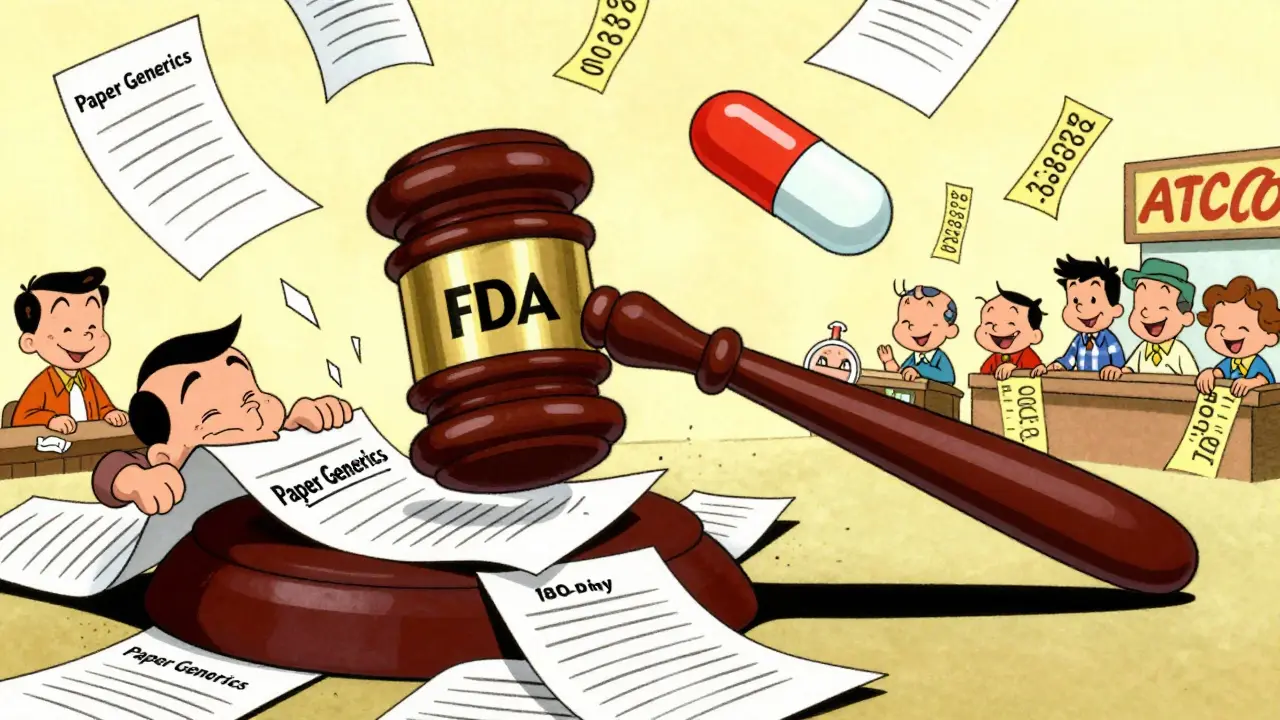 A giant FDA gavel crushes paper generics as a real drug enters the market with falling prices.