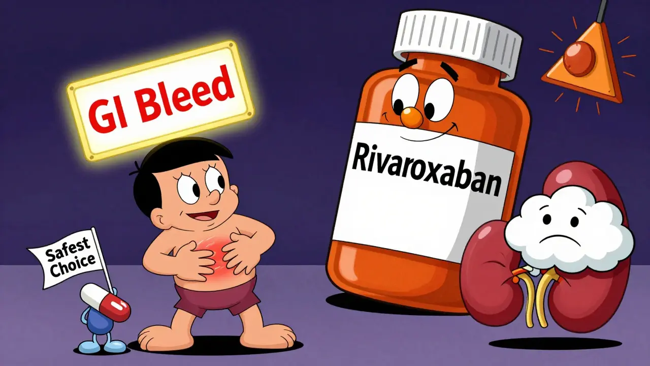 A patient clutches their stomach as a giant rivaroxaban pill looms, with apixaban and a kidney cloud symbolizing bleeding risks.