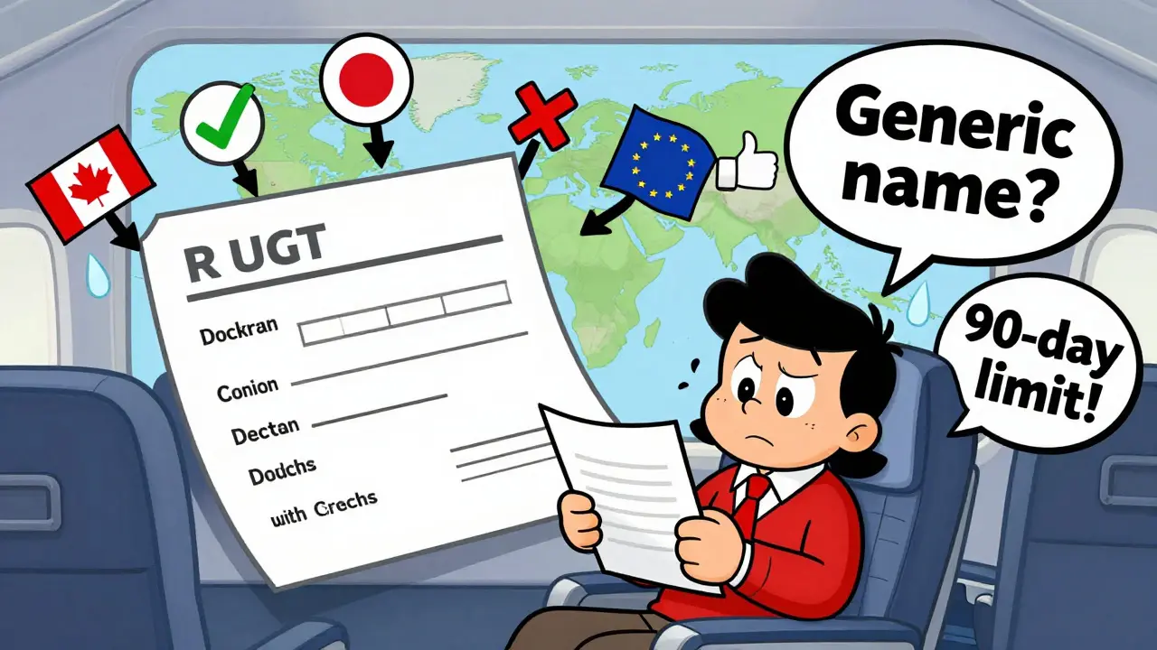 A traveler on a plane with a floating prescription map showing allowed and banned countries.