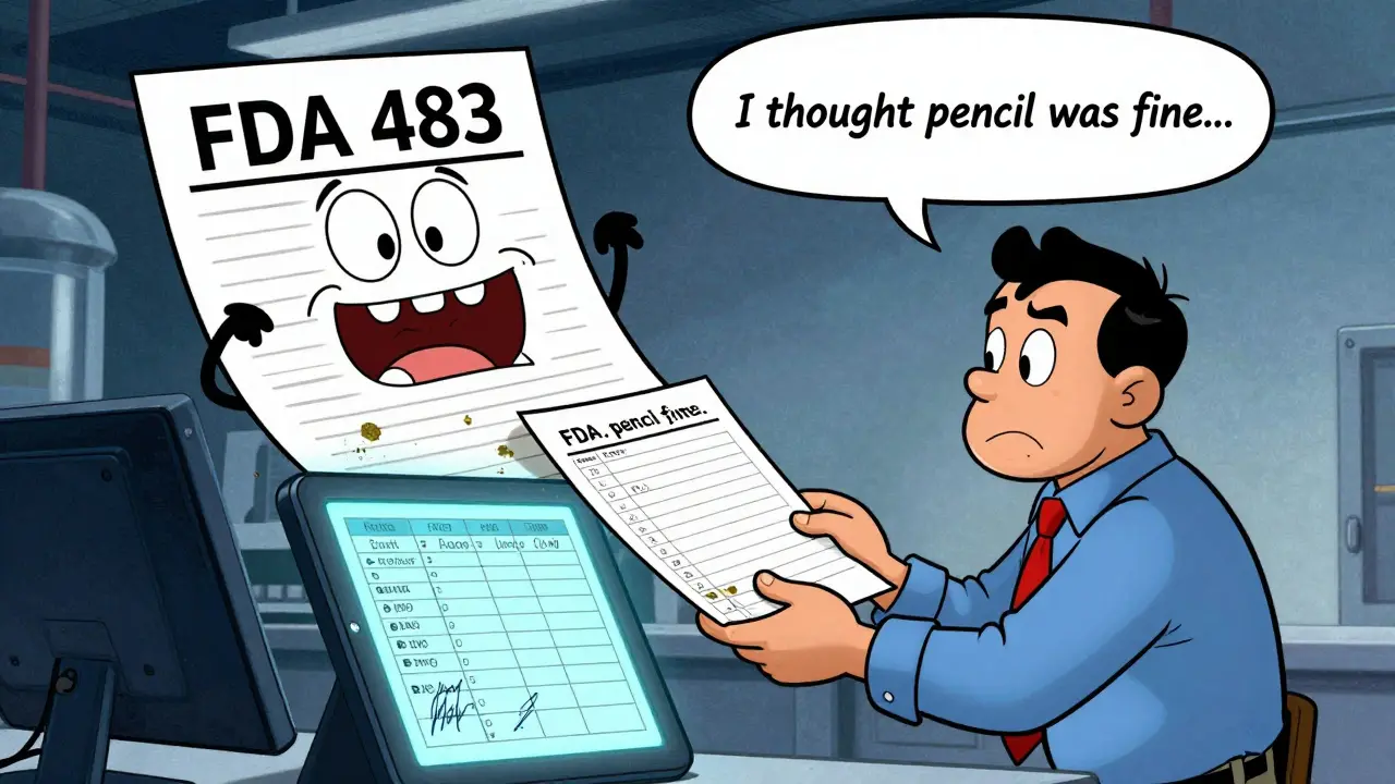 A worker nervously hands a handwritten batch record to an FDA inspector, while a digital tablet glows with perfect audit trails.