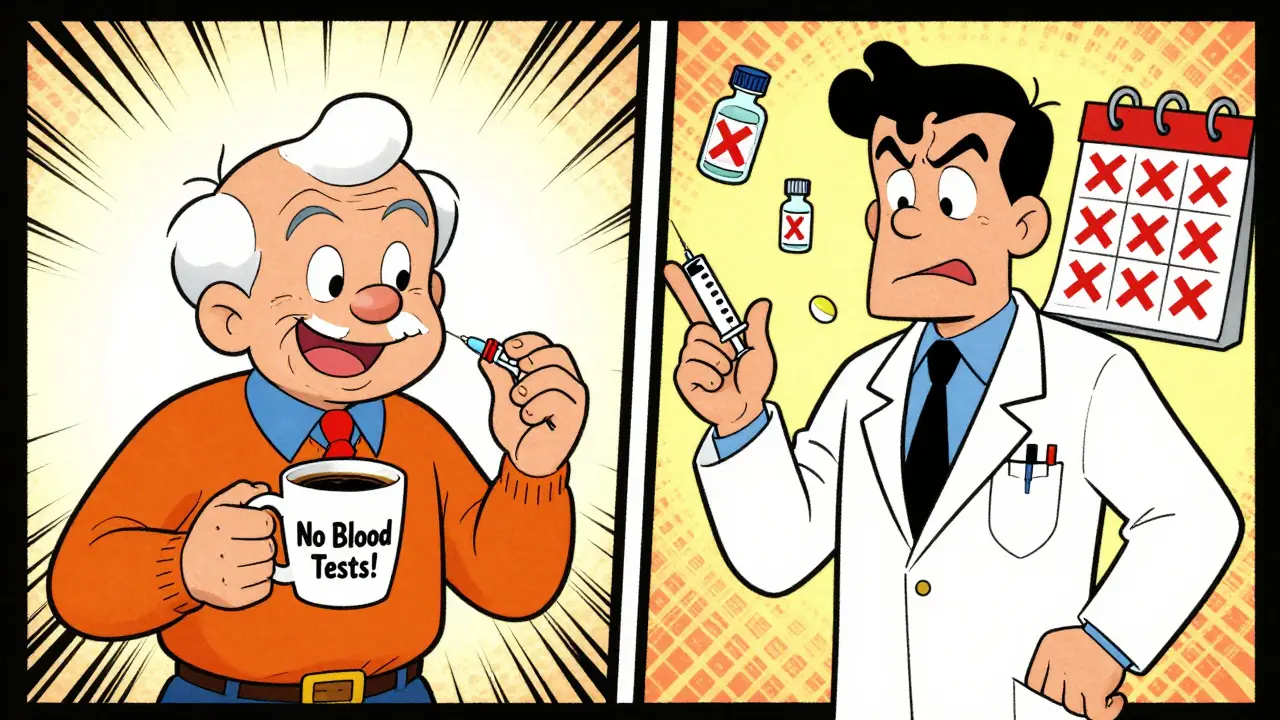 An elderly man takes a daily pill with coffee while another undergoes weekly blood tests, showing DOAC convenience vs. warfarin routine.