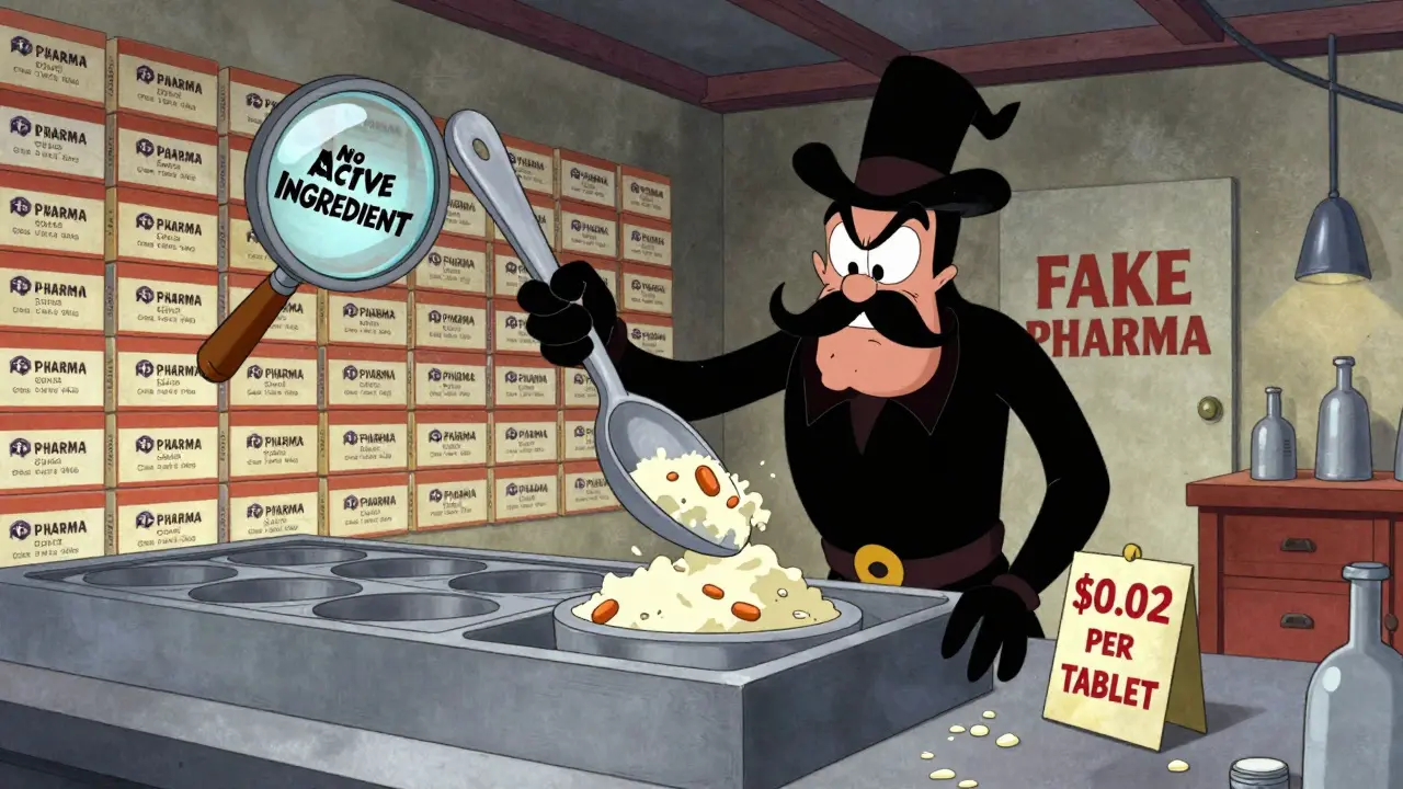 Cartoon villain in a garage lab mixing sawdust into pills with a giant spoon.