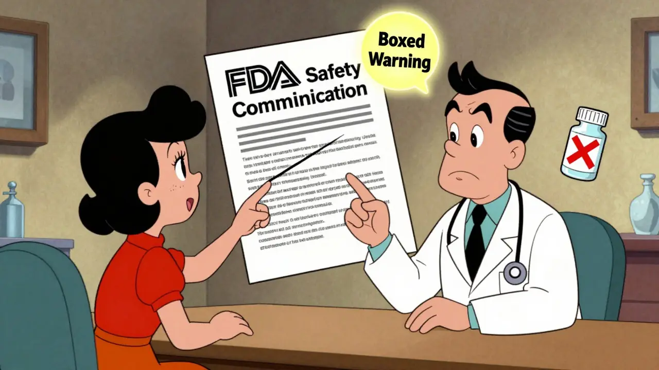 Doctor and patient reviewing an FDA safety notice with a glowing Boxed Warning above it.