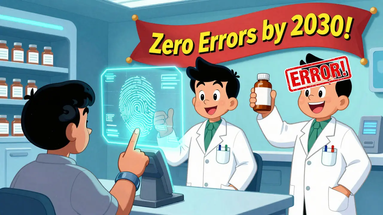 Futuristic fingerprint scanner at pharmacy with hologram verification and 'Zero Errors by 2030' banner.