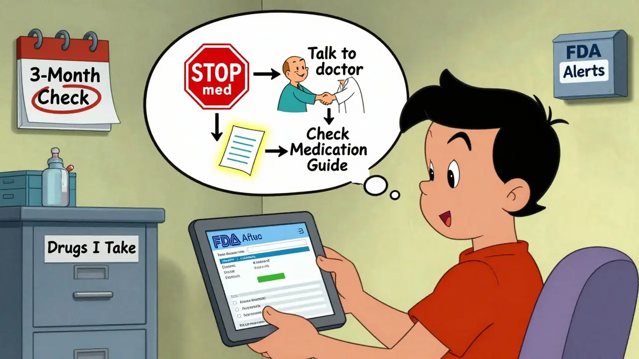 Patient at home with FDA alert email and thought bubble showing three action paths.