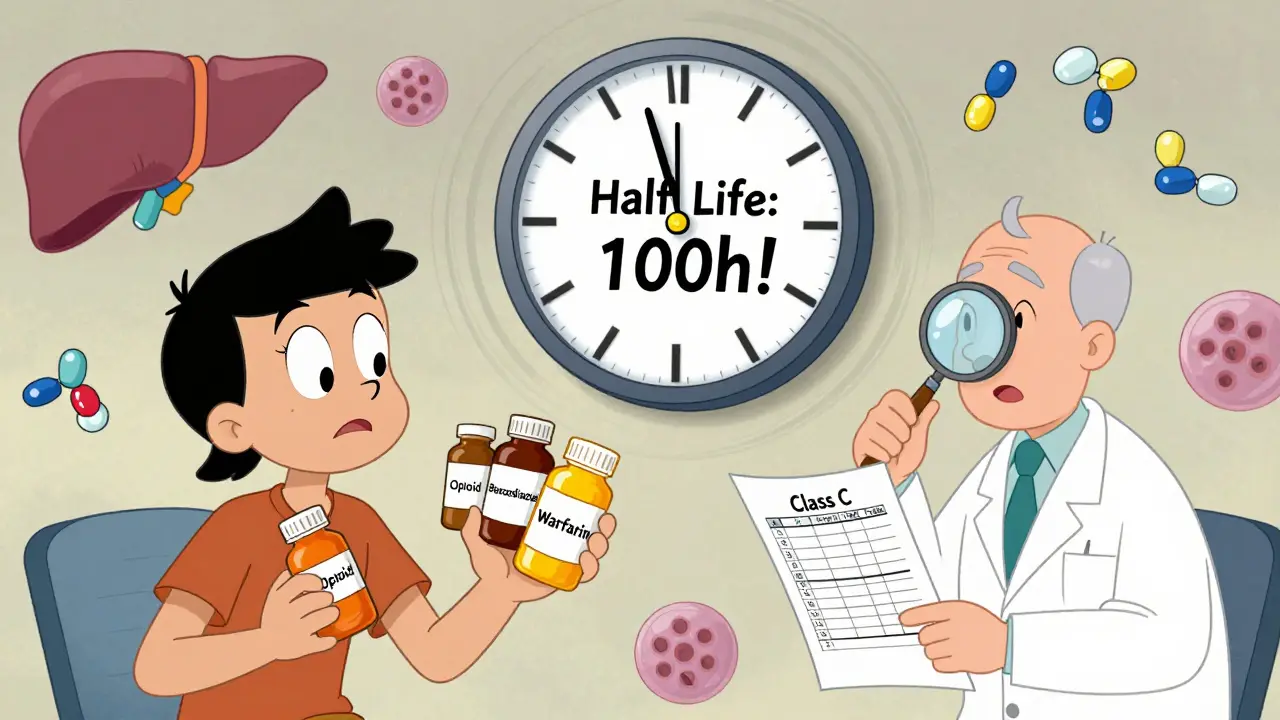 Patient surrounded by pill bottles and a spinning clock showing extended drug half-life, with a Child-Pugh score chart.