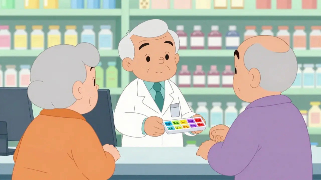 Pharmacist handing color-coded pill organizer to elderly patient