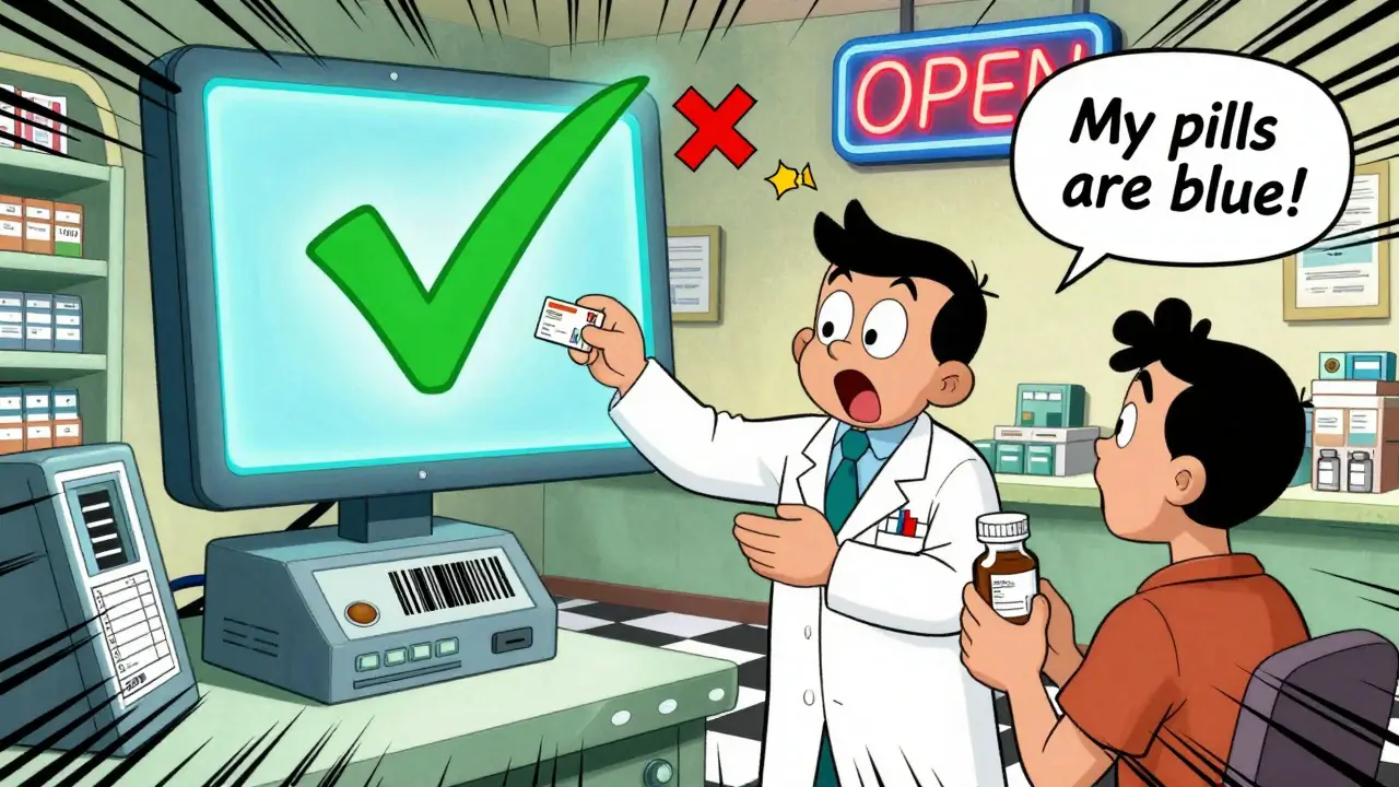 Pharmacist scanning barcode as system shows correct vs. incorrect prescription with comic visual effects.
