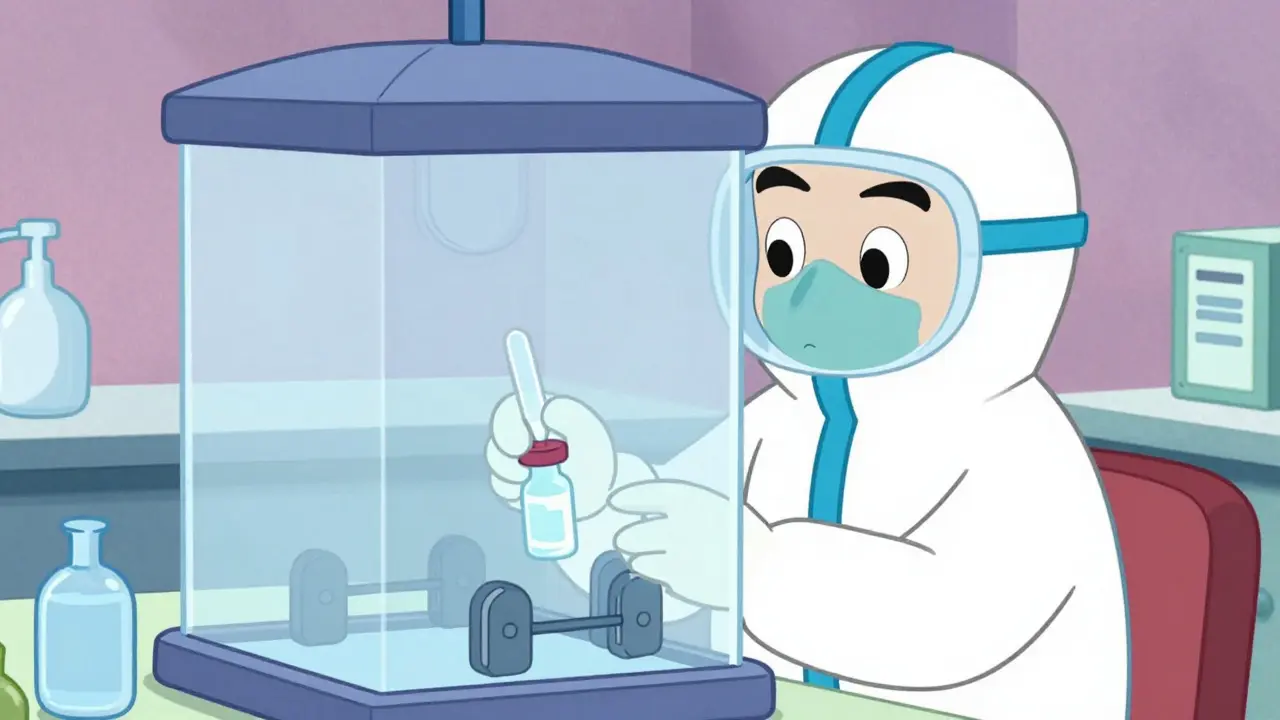 Pharmacy technician handling hazardous drugs in containment unit