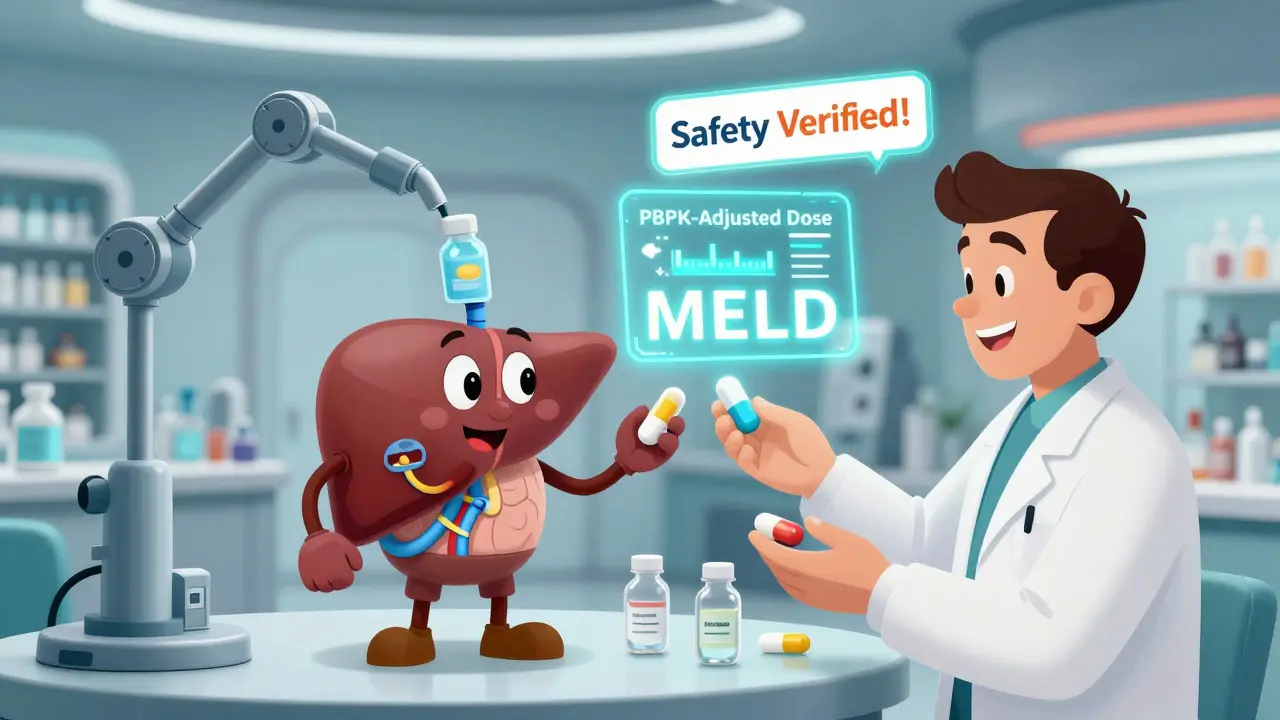 Robotic pharmacy dispensing personalized pills based on a glowing MELD score dashboard.
