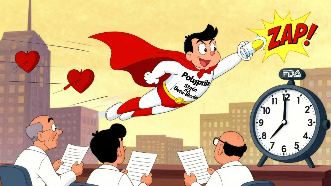 Superhero 'Polypill Man' flies over city saving patients, wearing cape made of heart medications