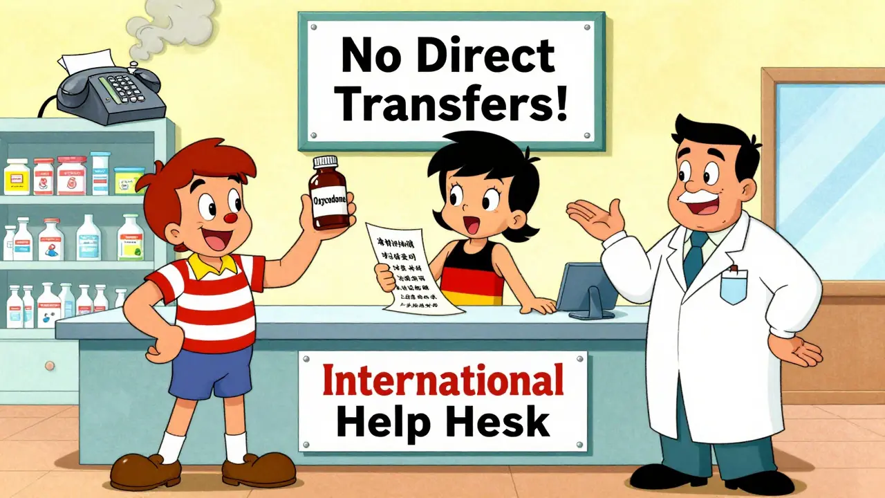 Three travelers at a pharmacy counter with signs showing international medication rules.