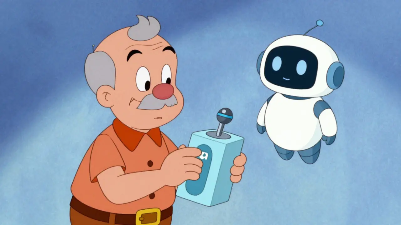 Voice-activated dispenser with robot assistant helping senior