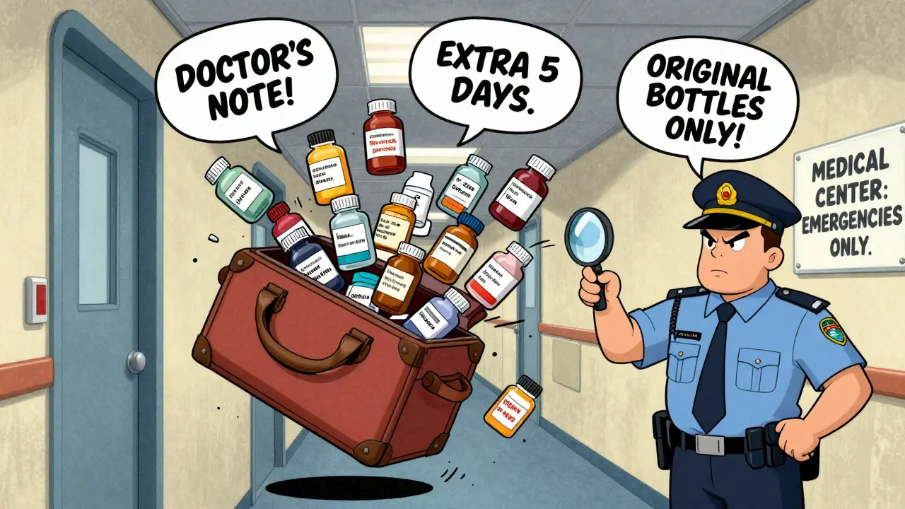 A carry-on bag bursts open mid-air, spilling labeled medicine bottles with comic-style warnings as a security officer examines a mismatched name tag.