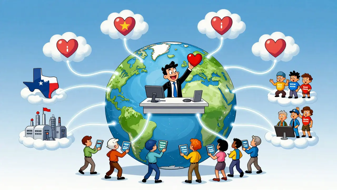 A cartoon globe with factories connected by cloud cables, sending data hearts to a central dashboard.
