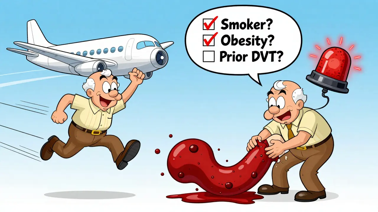 A man on an airplane with a cartoon blood clot in his leg, showing the risk of blood clots from JAK inhibitors.