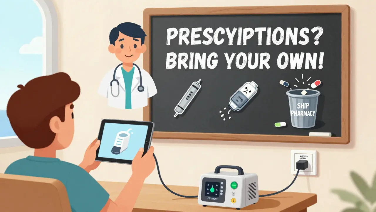 A passenger video-calls a telemedicine doctor while holding a CPAP machine, with a chalkboard behind them reading 'PRESCRIPTIONS? BRING YOUR OWN!'
