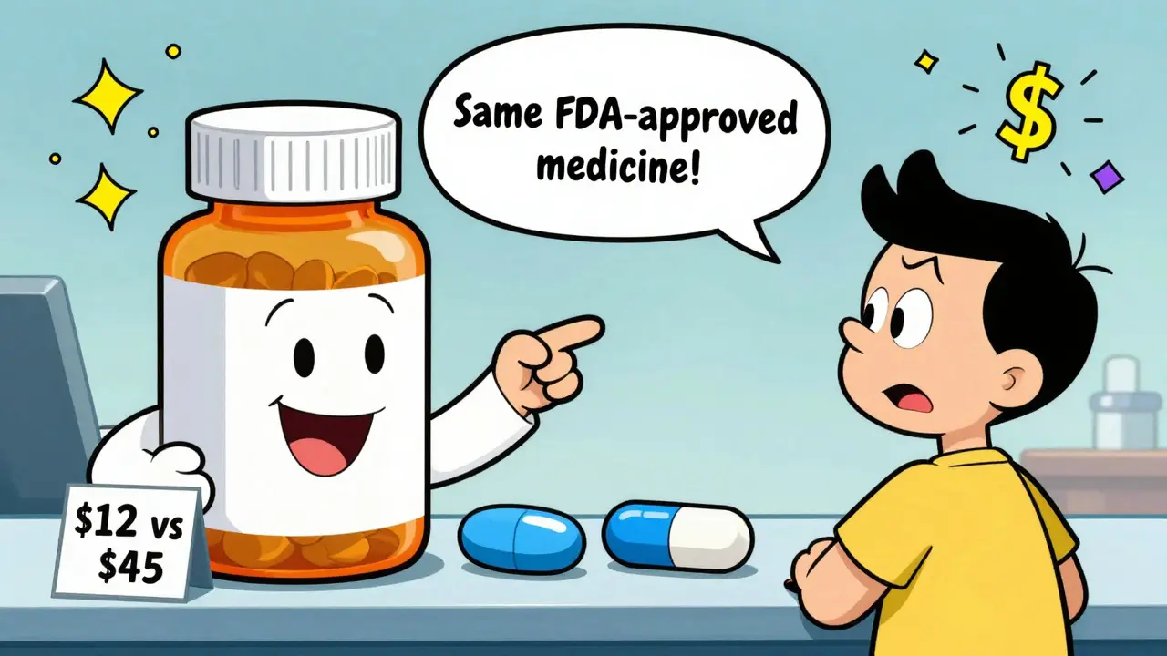 A pharmacist explains to a confused patient that two differently shaped pills are the same FDA-approved medication with a big price difference.