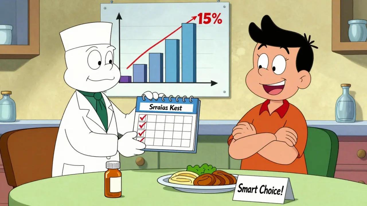A provider and patient celebrate medication adherence with a calendar, pill bottle, and a sign saying 'Smart Choice!' beside a cost comparison graph.