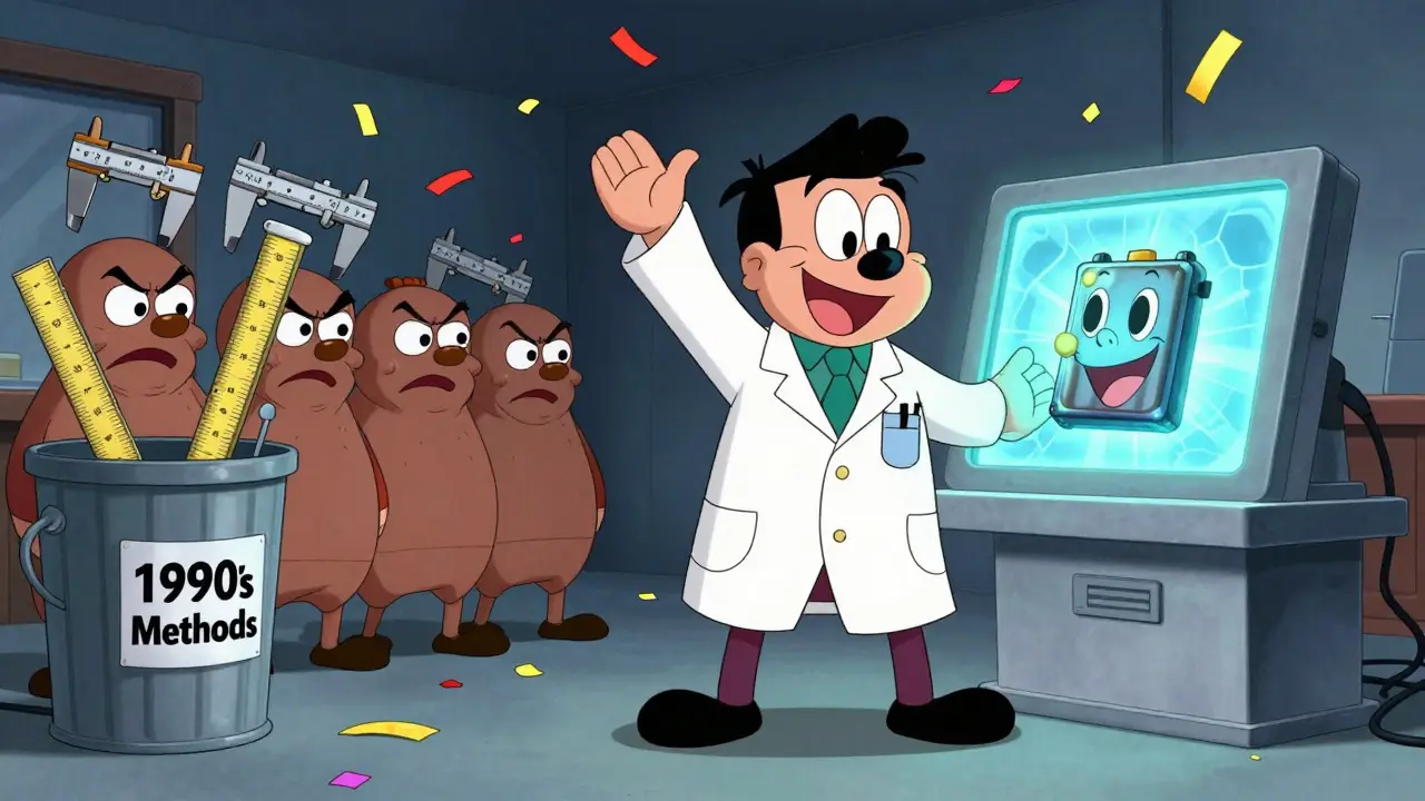 A quality engineer celebrating as outdated tools are thrown away, with AI dashboard glowing brightly.