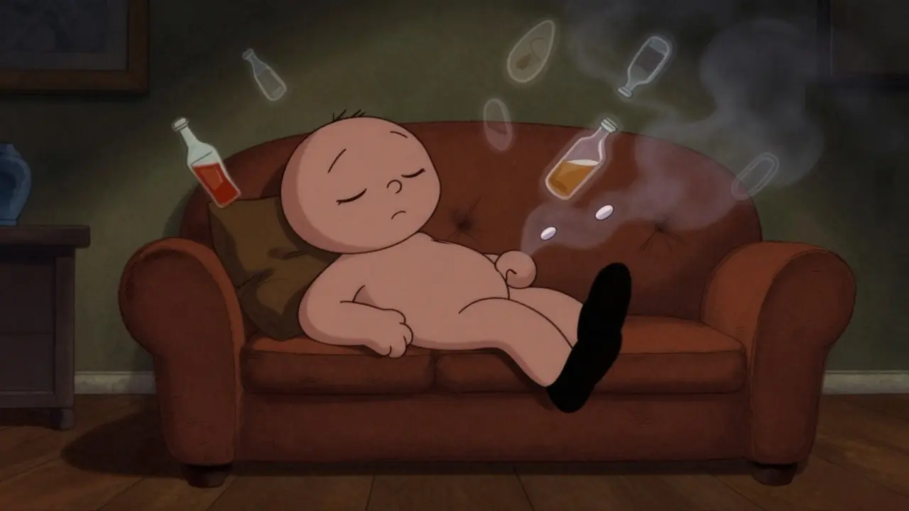 Animated character becoming lethargic after mixing substances together.