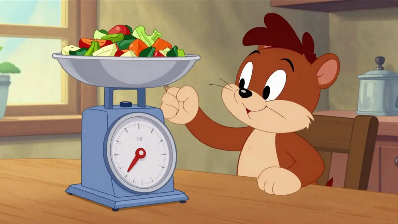 Animated person weighing vegetables on a scale in classic animation