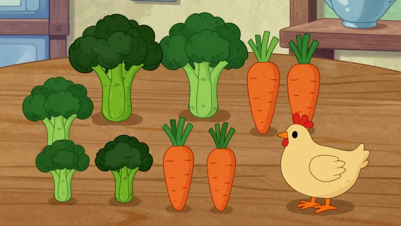 Illustrated plate of broccoli and carrots in vintage cartoon style