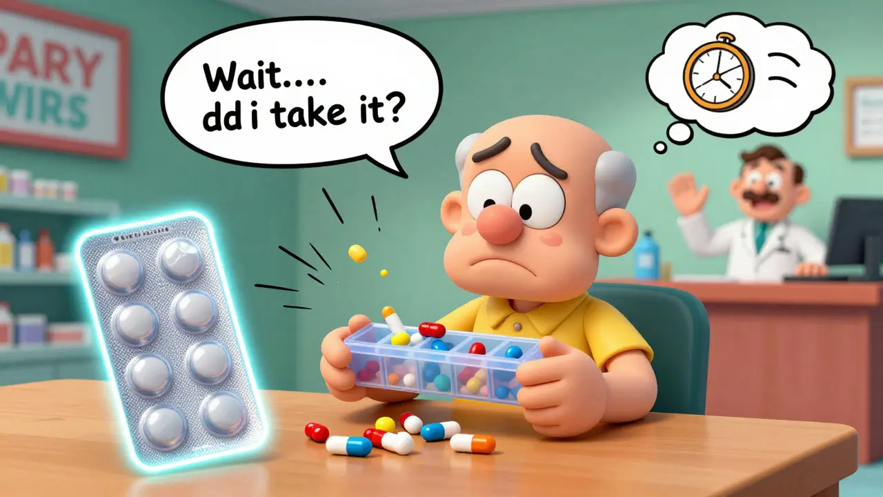 Older man confused by spilled pills in an organizer while a neat blister pack sits beside him.