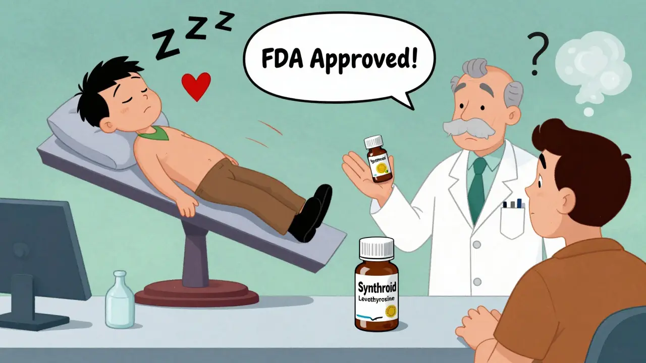 Pharmacist handing two different pill bottles to a confused patient, one branded and one generic, in Hanna-Barbera style.