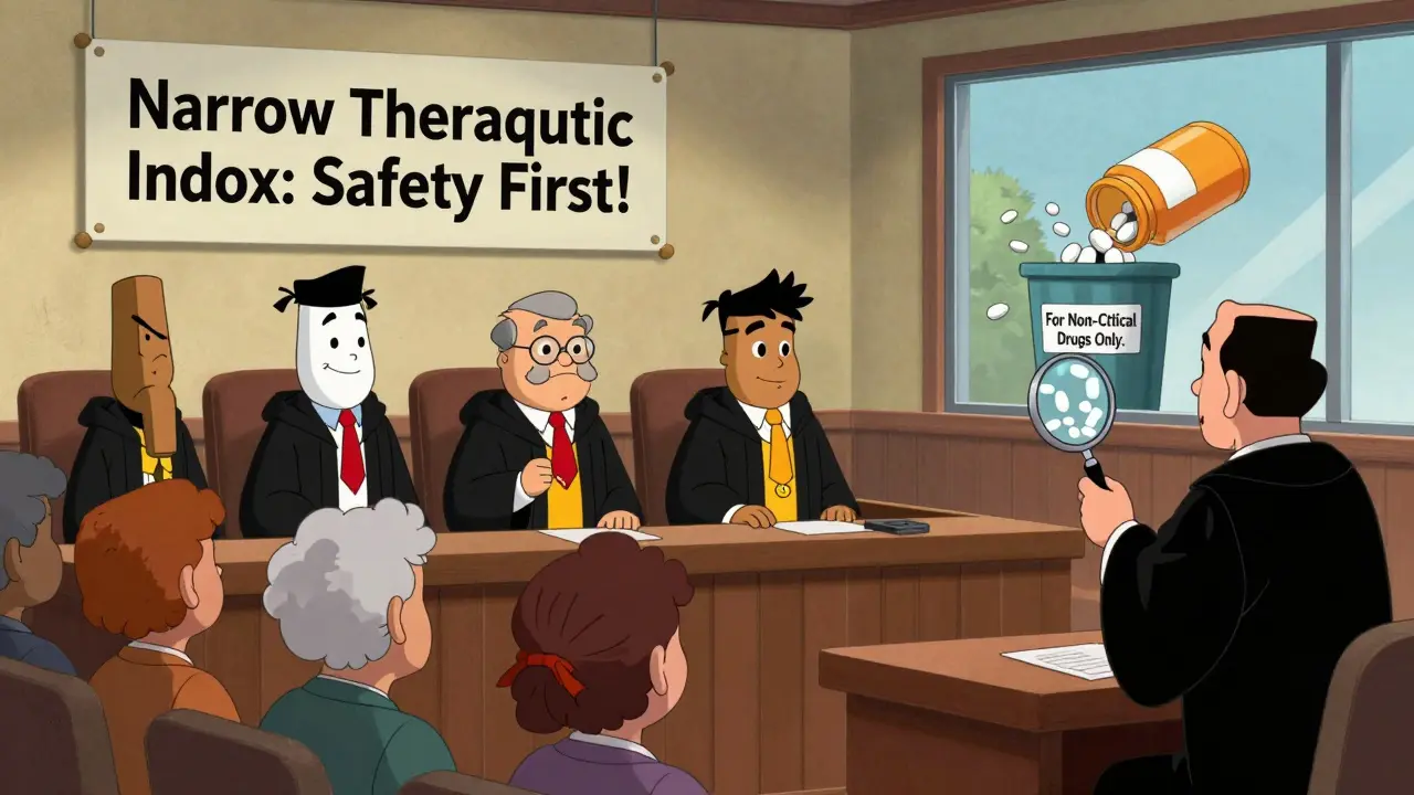 Pills on trial in a courtroom with patient faces as jury, highlighting narrow therapeutic index drugs, in Hanna-Barbera cartoon style.