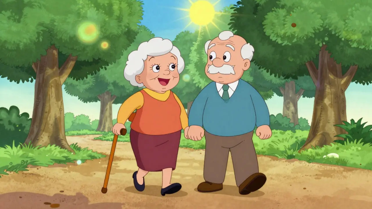 Senior couple walking confidently in park