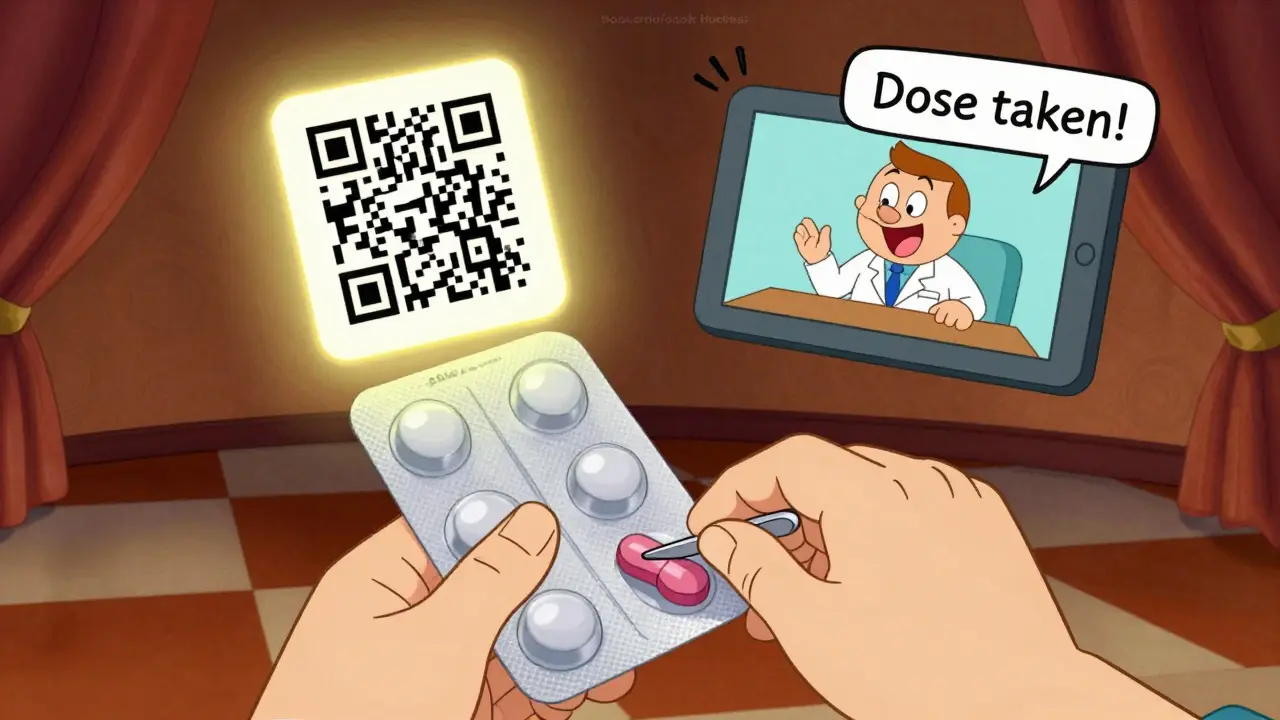 Smart blister pack with QR code scanning to show a cartoon pharmacist explaining medication.