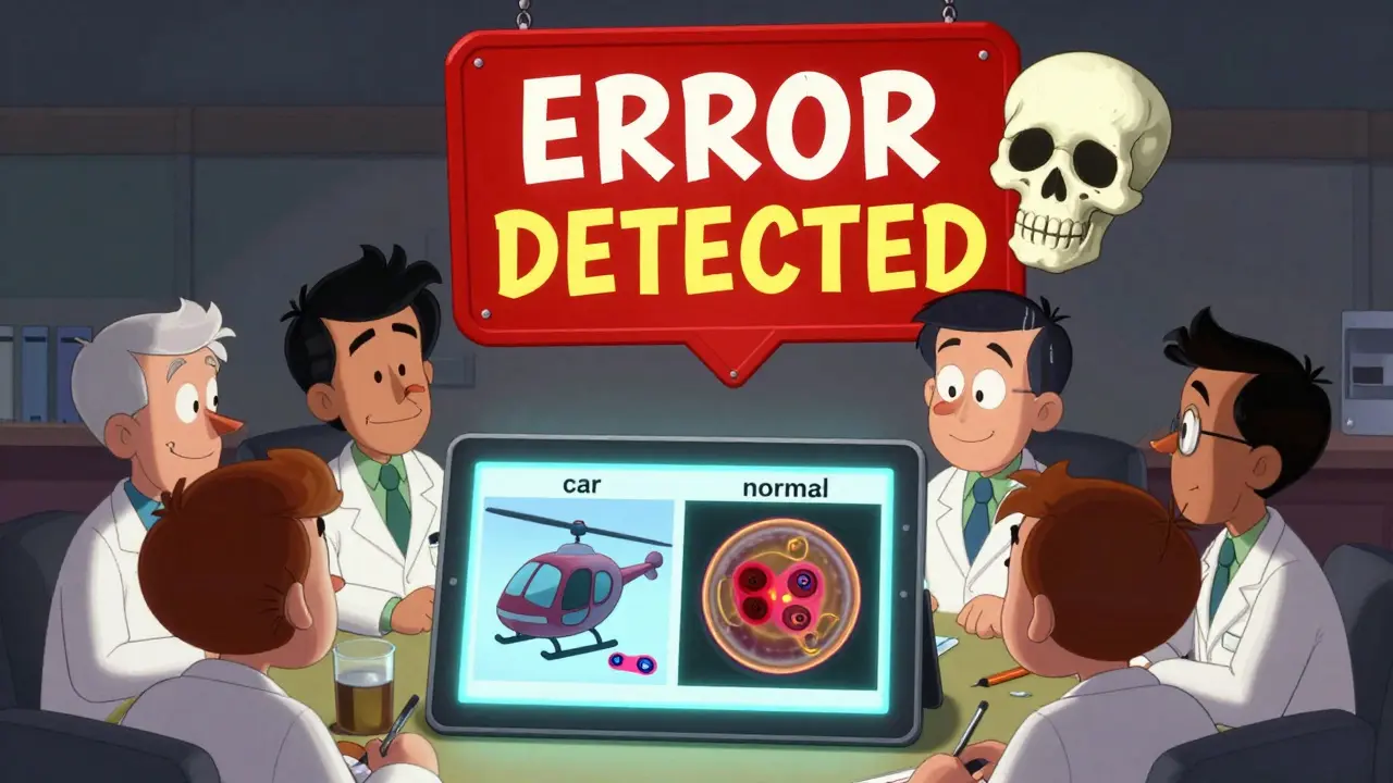 Team of quirky annotators reacting to mislabeled helicopter as a car and overlapping objects, with a skull-shaped error warning above.