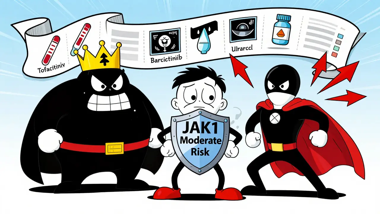 Three personified JAK inhibitor pills as cartoon characters, highlighting their different risk levels.
