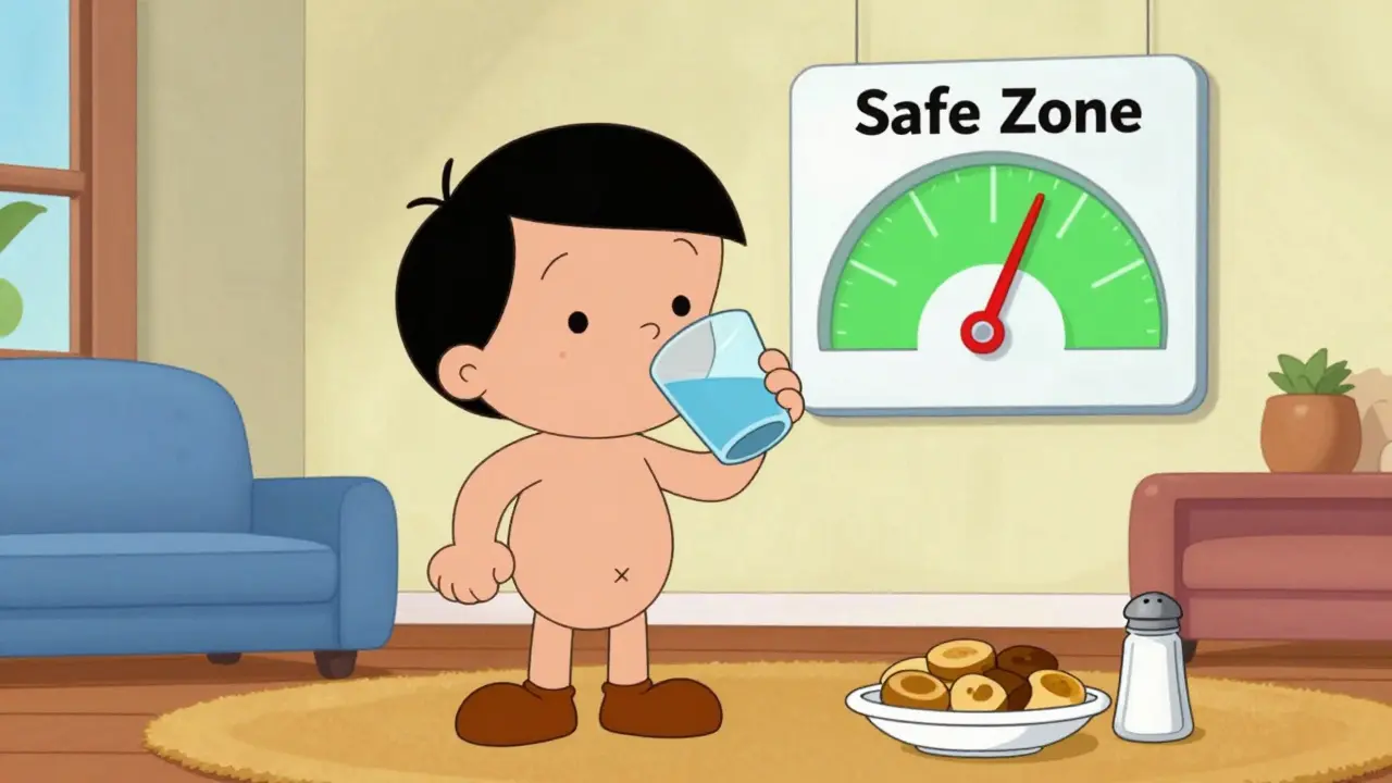 A cartoon character staying hydrated and maintaining a steady salt intake.