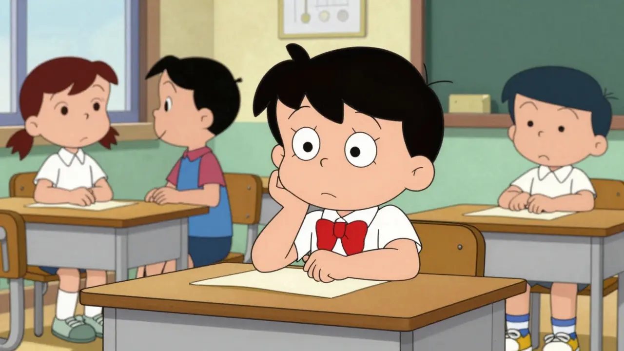 A lonely student sitting at a desk in a stylized cartoon classroom.