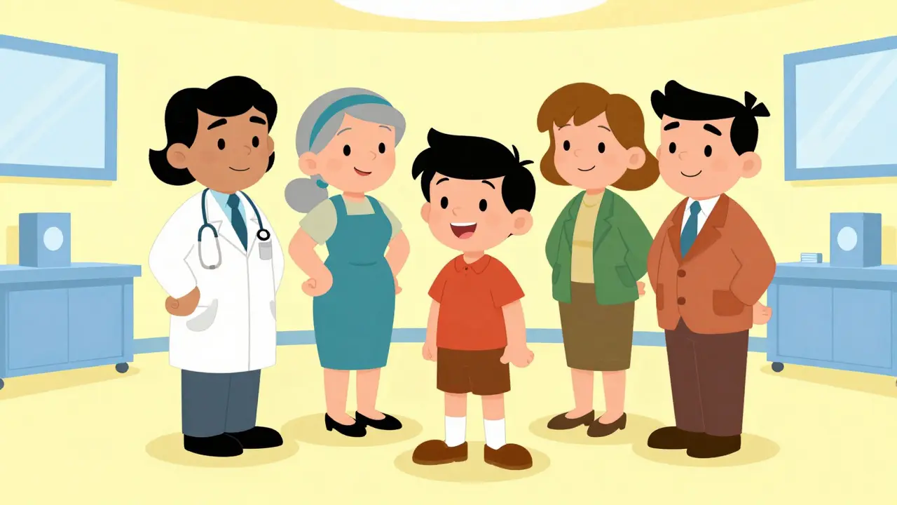A supportive team of healthcare professionals surrounding a patient in cartoon style.