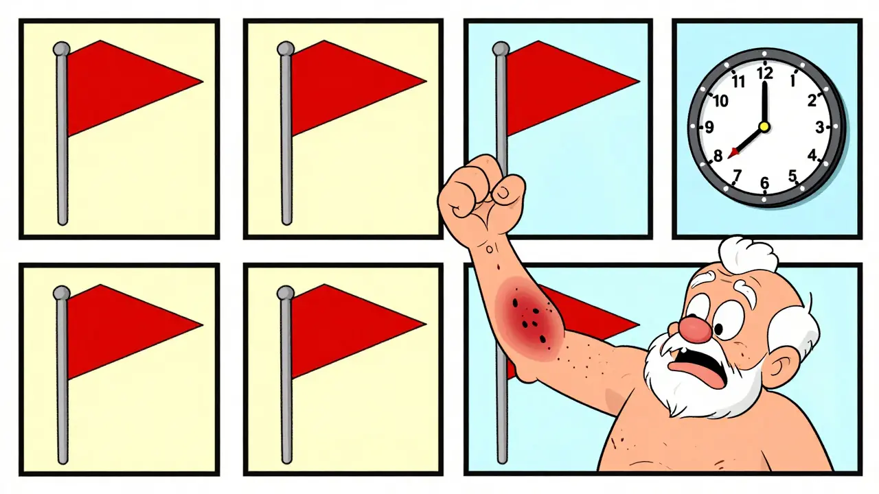 Cartoon character reacting to warning signs like bruises and a ticking clock