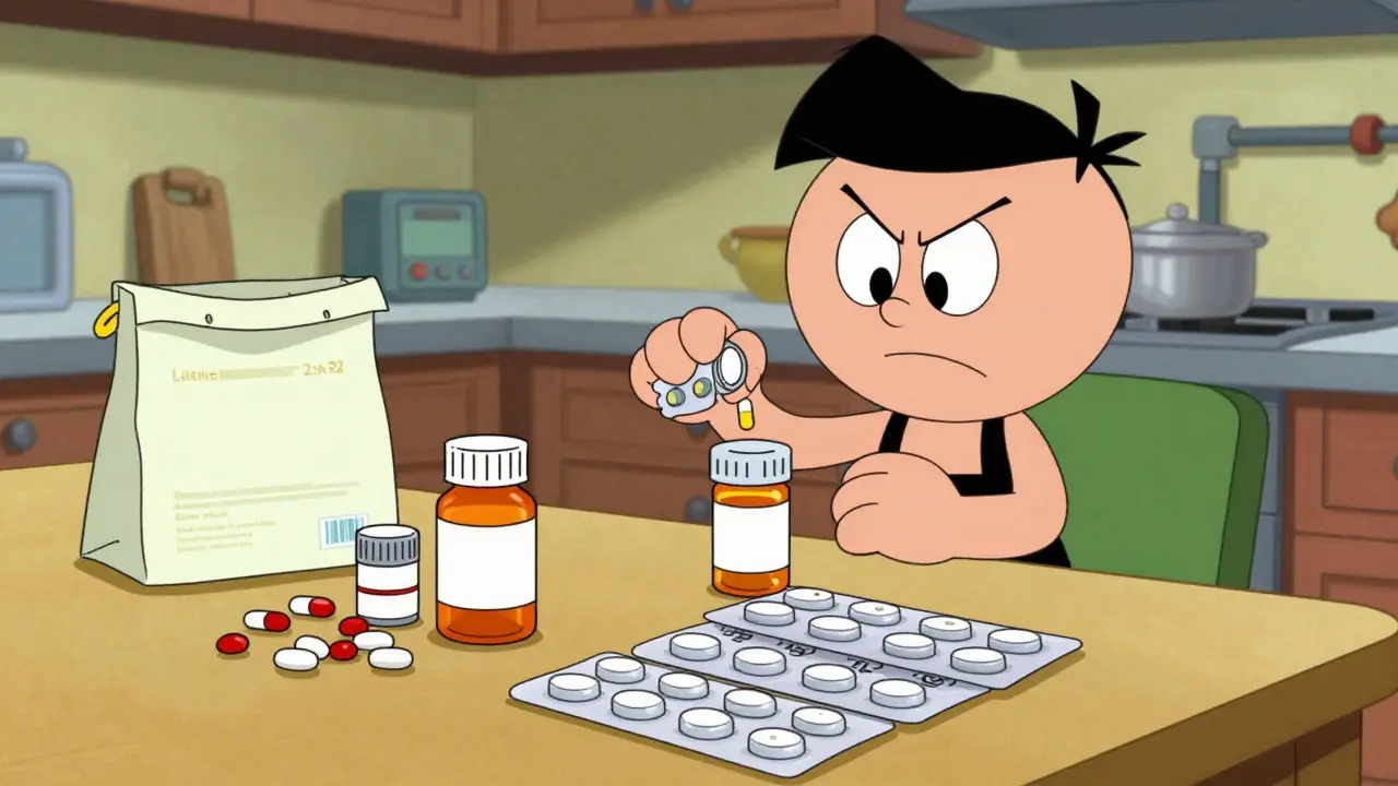 Cartoon character sorting expired medications into a take-back bag next to organized blister packs.
