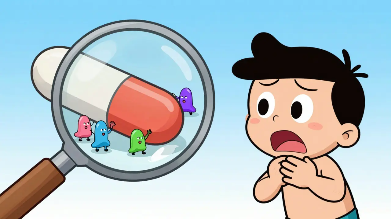Cartoon illustration of a pill showing tiny personified inactive ingredients causing a reaction.