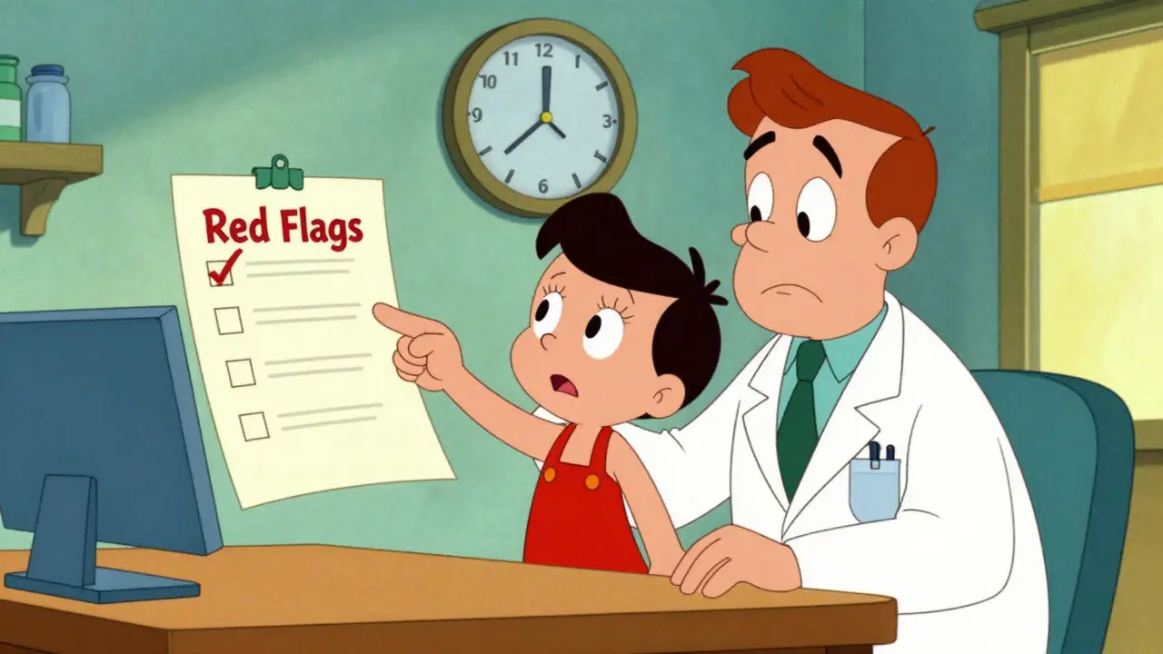 Cartoon patient and doctor discussing medical red flags in a 1960s animation style.